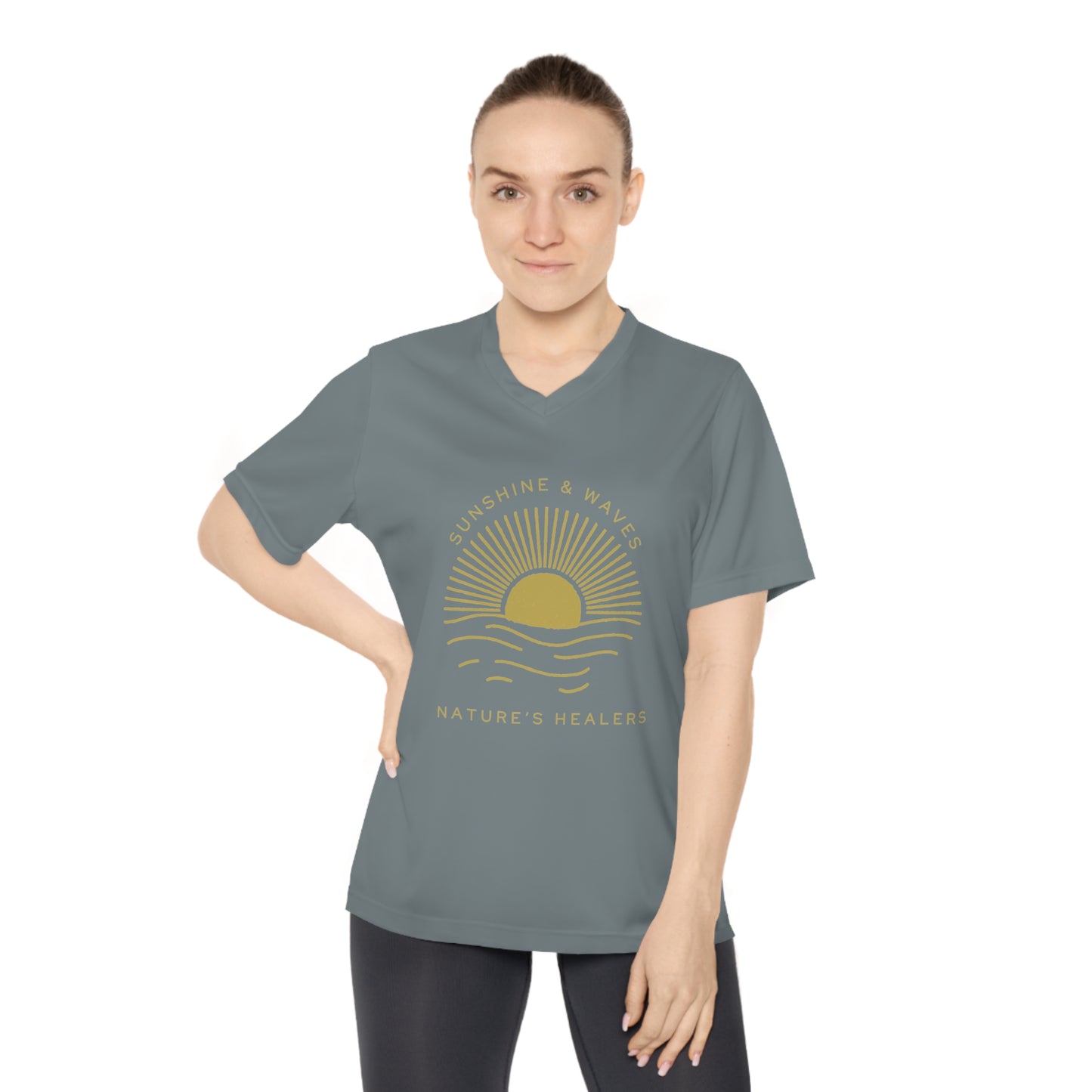 Sunshine & Waves Women's V-Neck Tee — "Nature's Healers" Sun & Wave Graphic