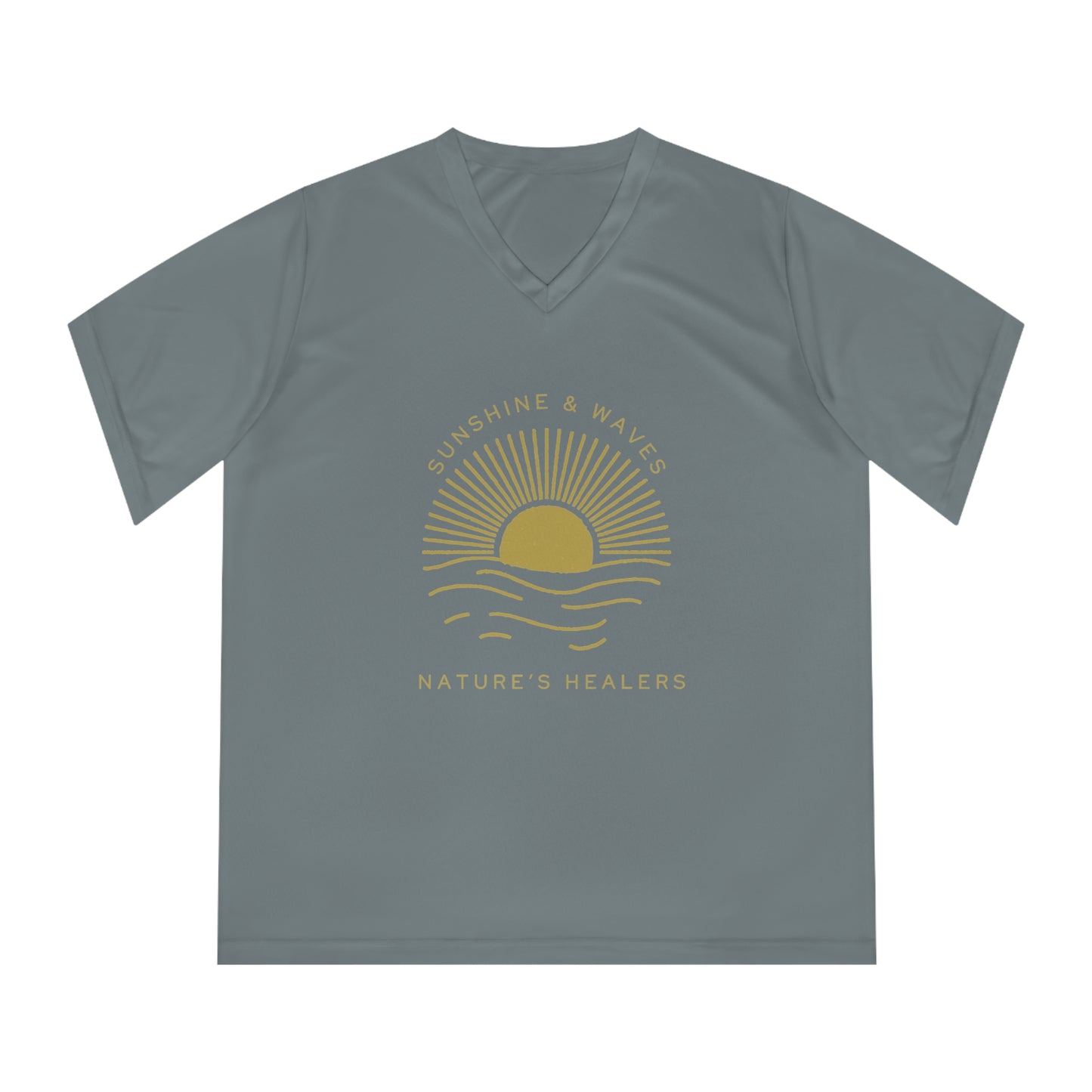 Sunshine & Waves Women's V-Neck Tee — "Nature's Healers" Sun & Wave Graphic