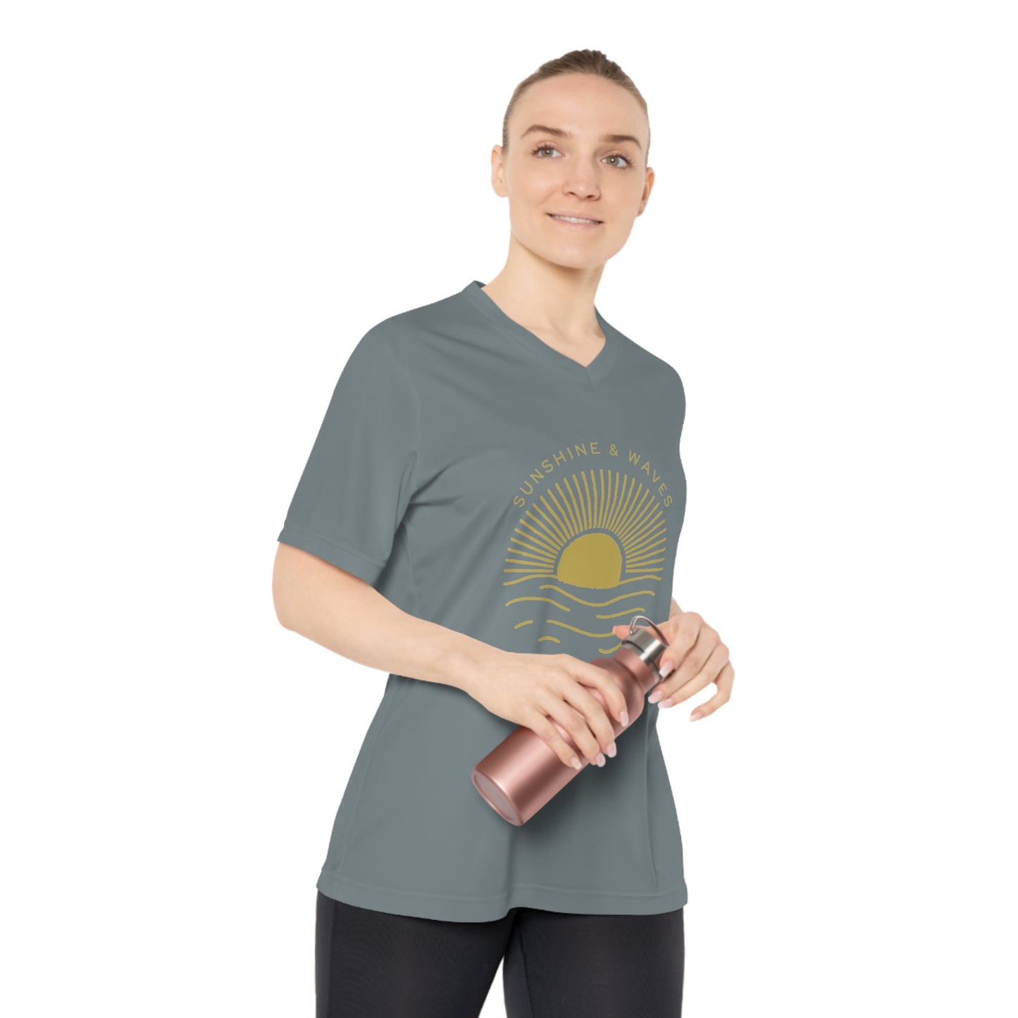 Sunshine & Waves Women's V-Neck Tee — "Nature's Healers" Sun & Wave Graphic