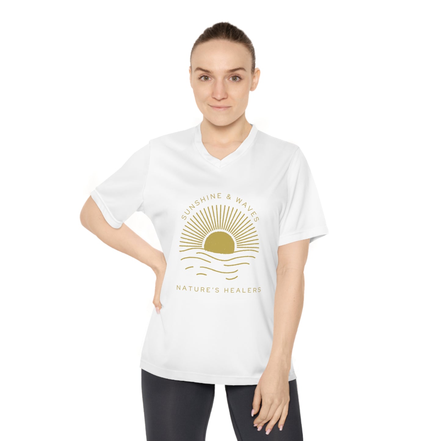 Sunshine & Waves Women's V-Neck Tee — "Nature's Healers" Sun & Wave Graphic