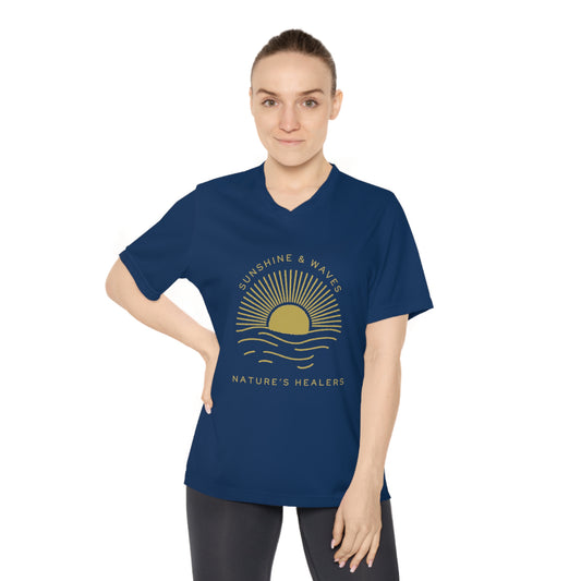 Sunshine & Waves Women's V-Neck Tee — "Nature's Healers" Sun & Wave Graphic