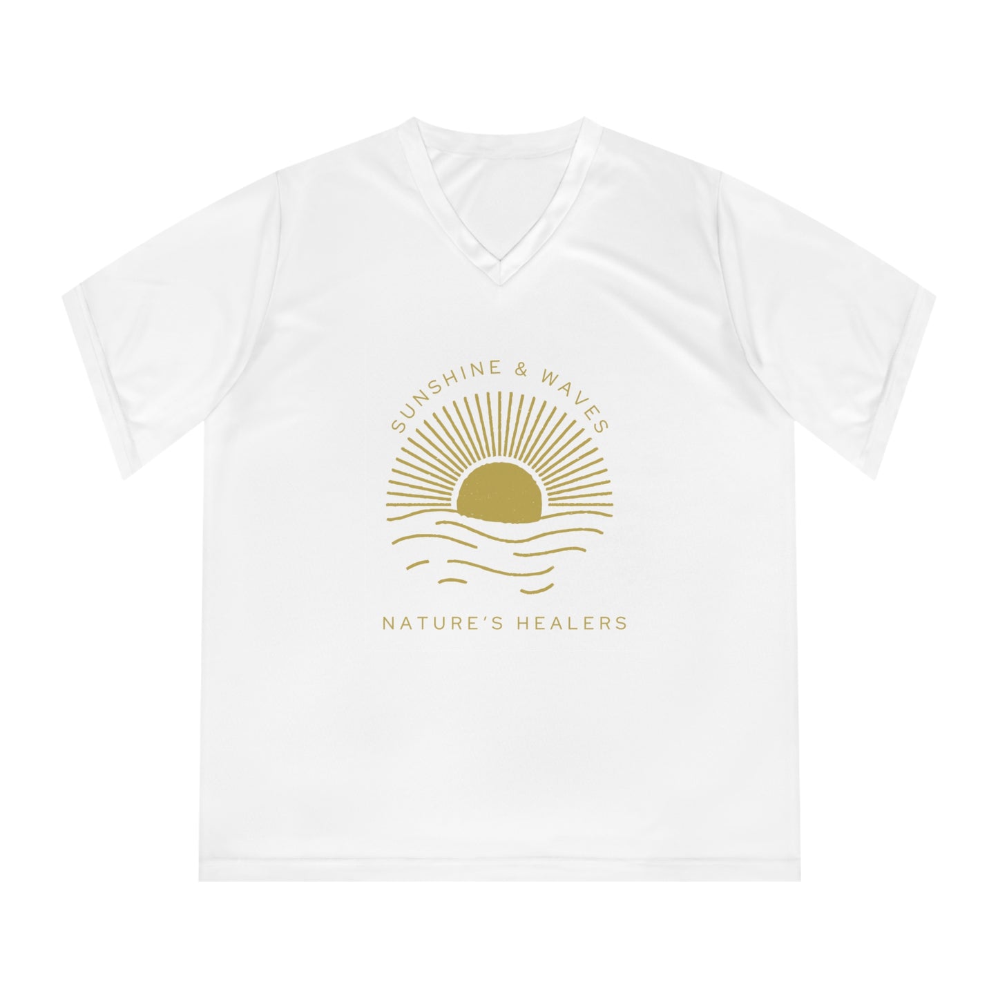 Sunshine & Waves Women's V-Neck Tee — "Nature's Healers" Sun & Wave Graphic