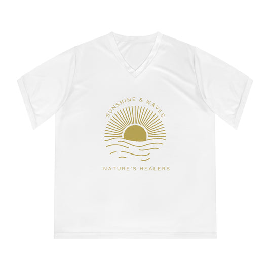 Sunshine & Waves Women's V-Neck Tee — "Nature's Healers" Sun & Wave Graphic