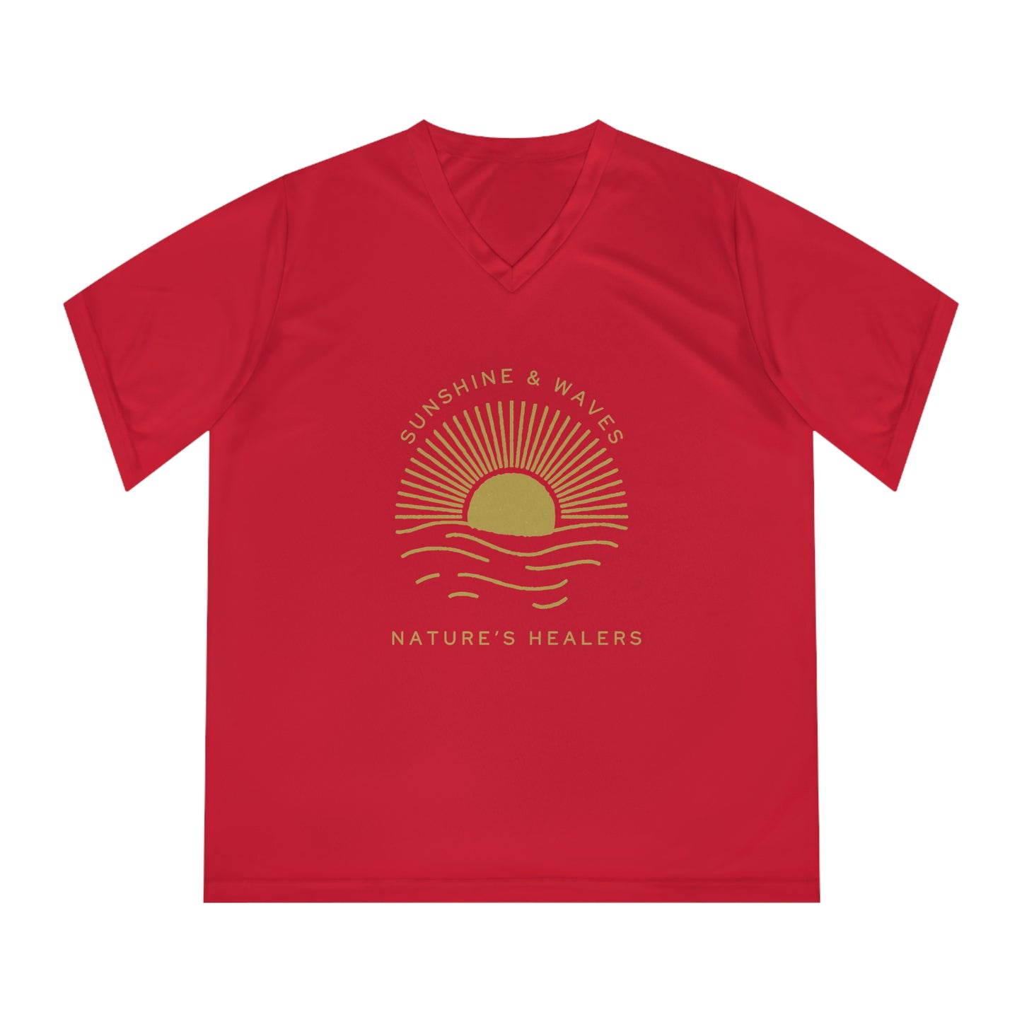 Sunshine & Waves Women's V-Neck Tee — "Nature's Healers" Sun & Wave Graphic