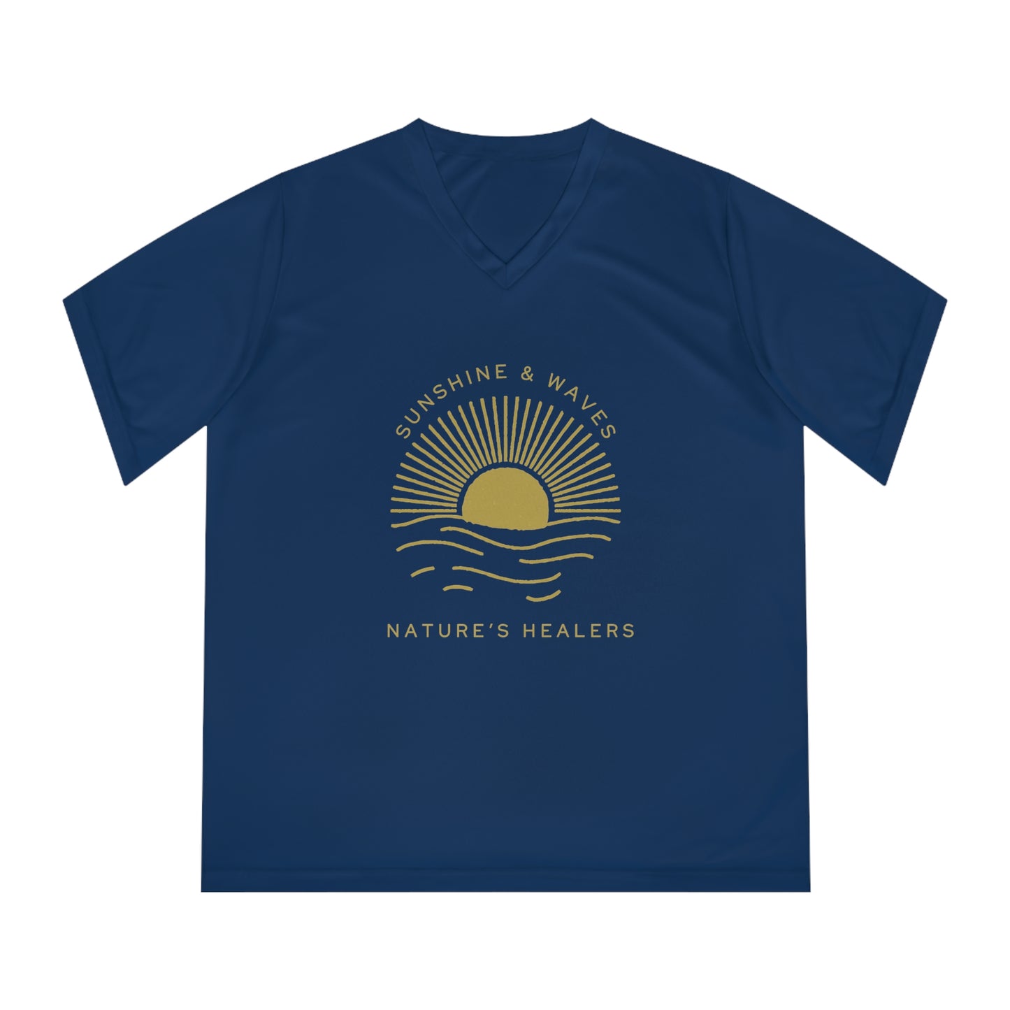 Sunshine & Waves Women's V-Neck Tee — "Nature's Healers" Sun & Wave Graphic