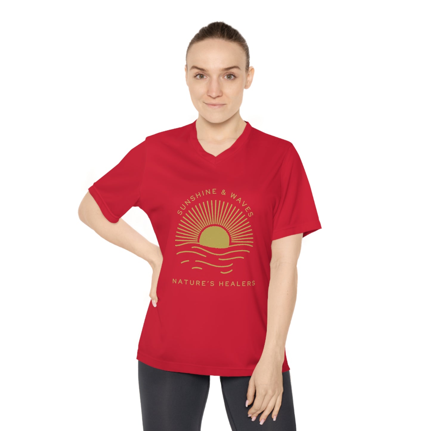 Sunshine & Waves Women's V-Neck Tee — "Nature's Healers" Sun & Wave Graphic