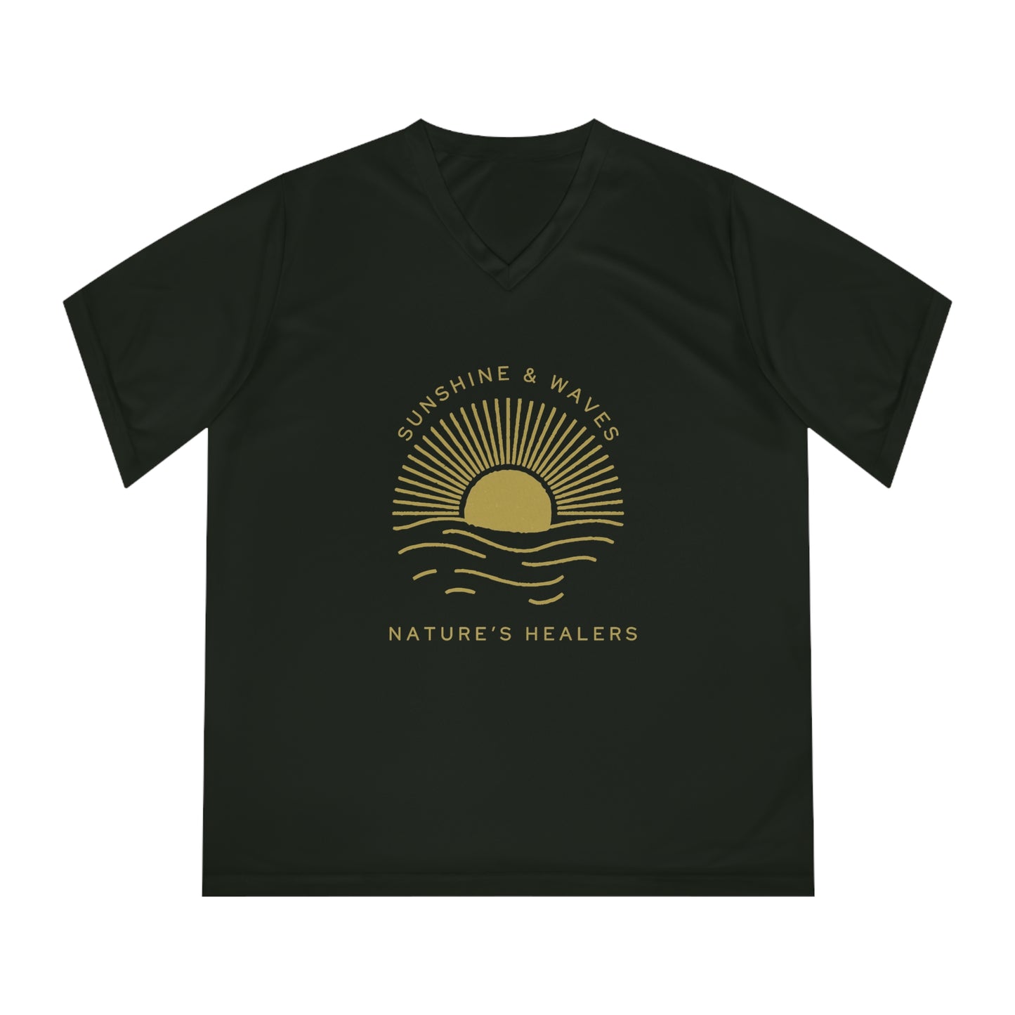 Sunshine & Waves Women's V-Neck Tee — "Nature's Healers" Sun & Wave Graphic
