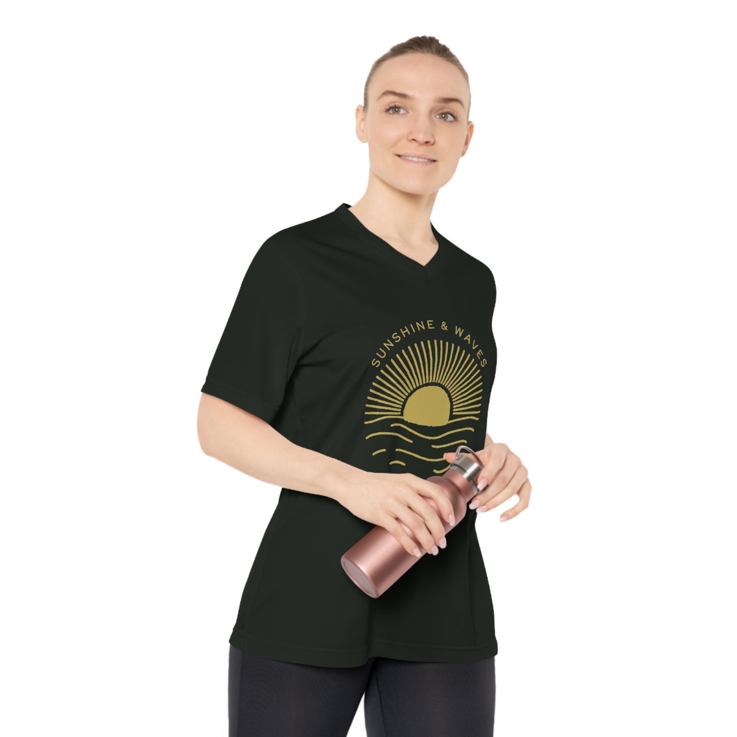 Sunshine & Waves Women's V-Neck Tee — "Nature's Healers" Sun & Wave Graphic