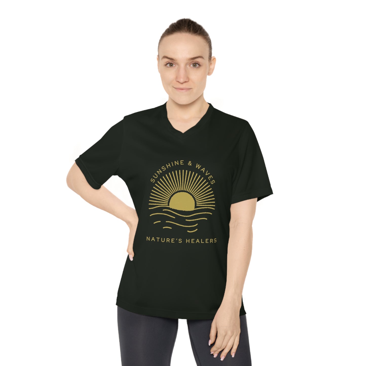 Sunshine & Waves Women's V-Neck Tee — "Nature's Healers" Sun & Wave Graphic